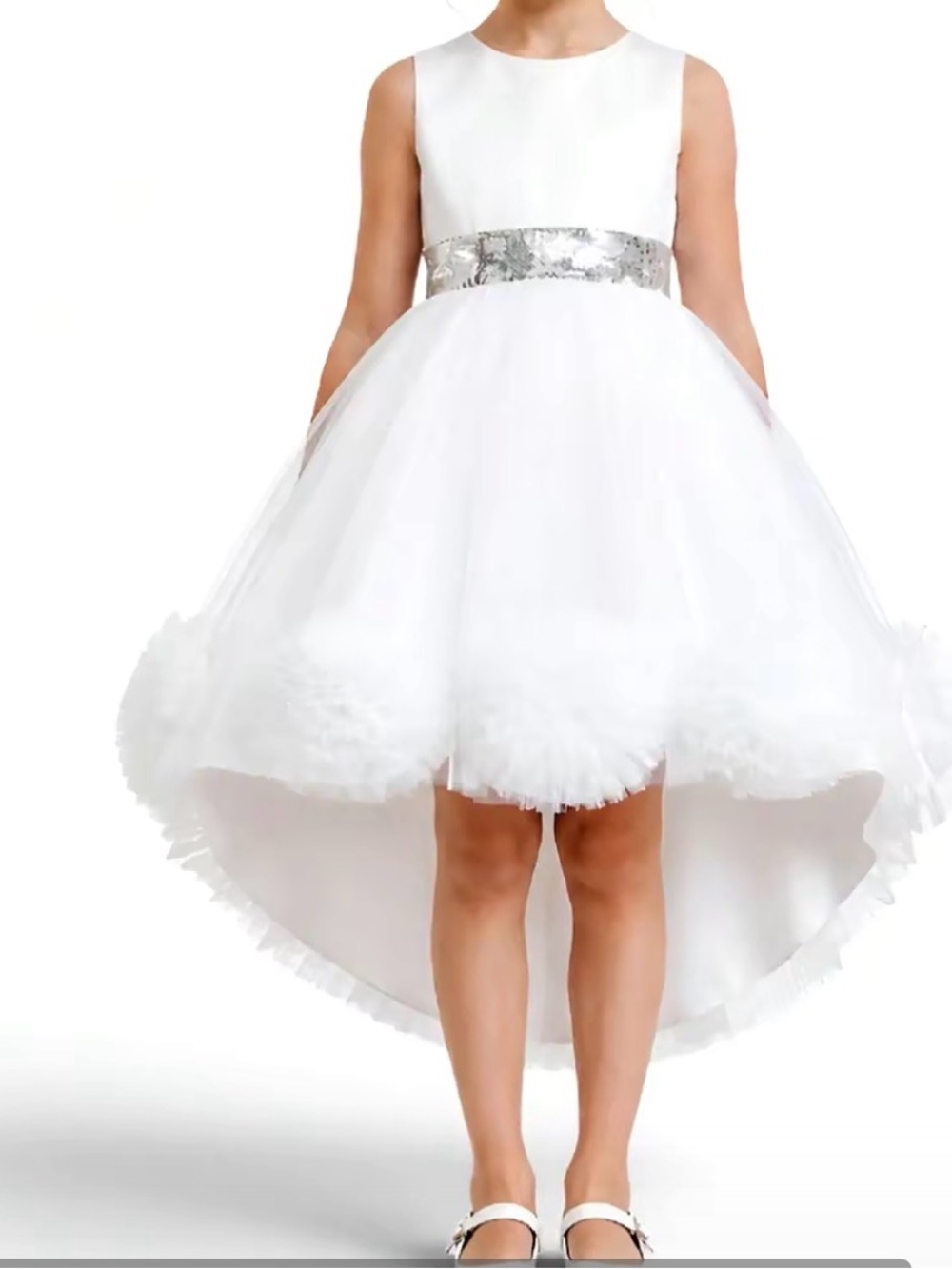 White High-Low Flower Girl Dress with Silver Sash